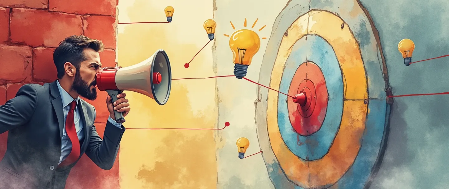 Uma pintura digital em aquarela de um guerrilheiro vestindo traje executivo segurando um megafone, escondendo-se atrás de elementos urbanos enquanto mira em um alvo. Pequenas táticas criativas representadas por lâmpadas flutuam ao redor, mostrando estratégias de marketing não convencionais. Composição simples com cores vibrantes destacando furtividade e criatividade.