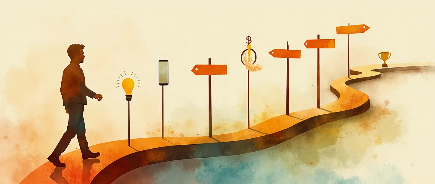 Uma pintura digital em aquarela de uma silhueta de cliente caminhando por um caminho sinuoso com placas de sinalização, começando em um smartphone e progredindo por estágios marcados por uma bússola, lâmpada, aperto de mão e finalmente chegando a um troféu. Design simples e fluido com cores quentes representando a jornada do cliente desde a descoberta até a fidelização.