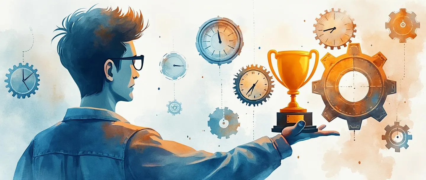Uma pintura digital em aquarela de uma pessoa com óculos focando em um alvo enquanto está cercada por engrenagens flutuantes. Um relógio e um calendário aparecem no fundo, com um caminho claro levando a um troféu. Composição simples com azuis e laranjas vibrantes, transmitindo eficiência operacional e conquista de objetivos.