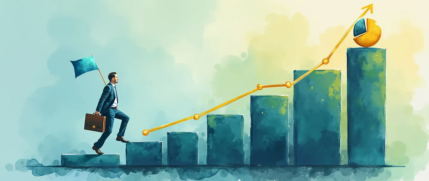 Uma pintura digital em aquarela de um gráfico de barras crescente com uma linha de tendência ascendente, onde a barra mais alta é coroada com uma pequena bandeira. Um empresário com uma pasta está subindo o gráfico como escadas, alcançando em direção a uma maior participação de mercado representada por um gráfico de pizza com uma fatia dourada proeminente. Composição simples, azuis e verdes vibrantes com acentos dourados.
