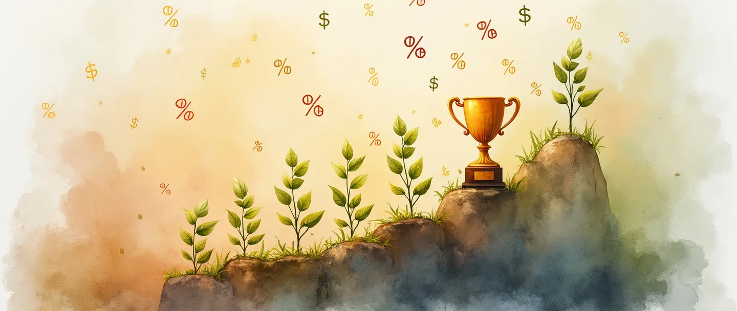 Uma pintura digital em aquarela de dinheiro crescendo como plantas de uma pasta de investimentos, com símbolos de porcentagem flutuando acima como gotas de chuva. Um gráfico simples com tendência ascendente surge no fundo, com um pequeno troféu dourado em seu pico. Cores quentes, composição limpa, conceito de rendimento de investimentos.