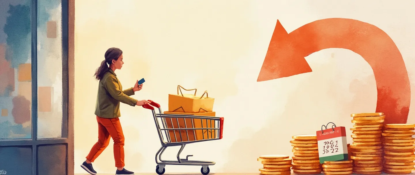 Uma pintura digital em aquarela de um carrinho de compras retornando a uma loja com uma seta circular, rodeado por moedas e um pequeno calendário. A silhueta de um cliente segura um cartão de fidelidade enquanto se aproxima da fachada da loja. Composição simples com cores quentes, retratando comportamento de compra repetida.