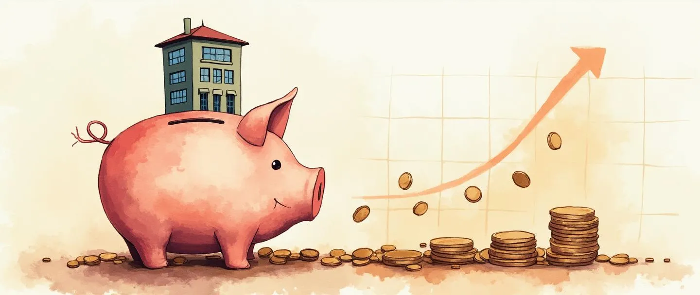 Uma pintura digital em aquarela de um cofre de porquinho com moedas fluindo de dentro dele de volta para ele mesmo, criando um ciclo autossustentável. Um pequeno edifício de escritórios está no topo do cofre, com um gráfico sutil mostrando crescimento ao fundo. Composição simples, cores quentes, tema de autossuficiência financeira.