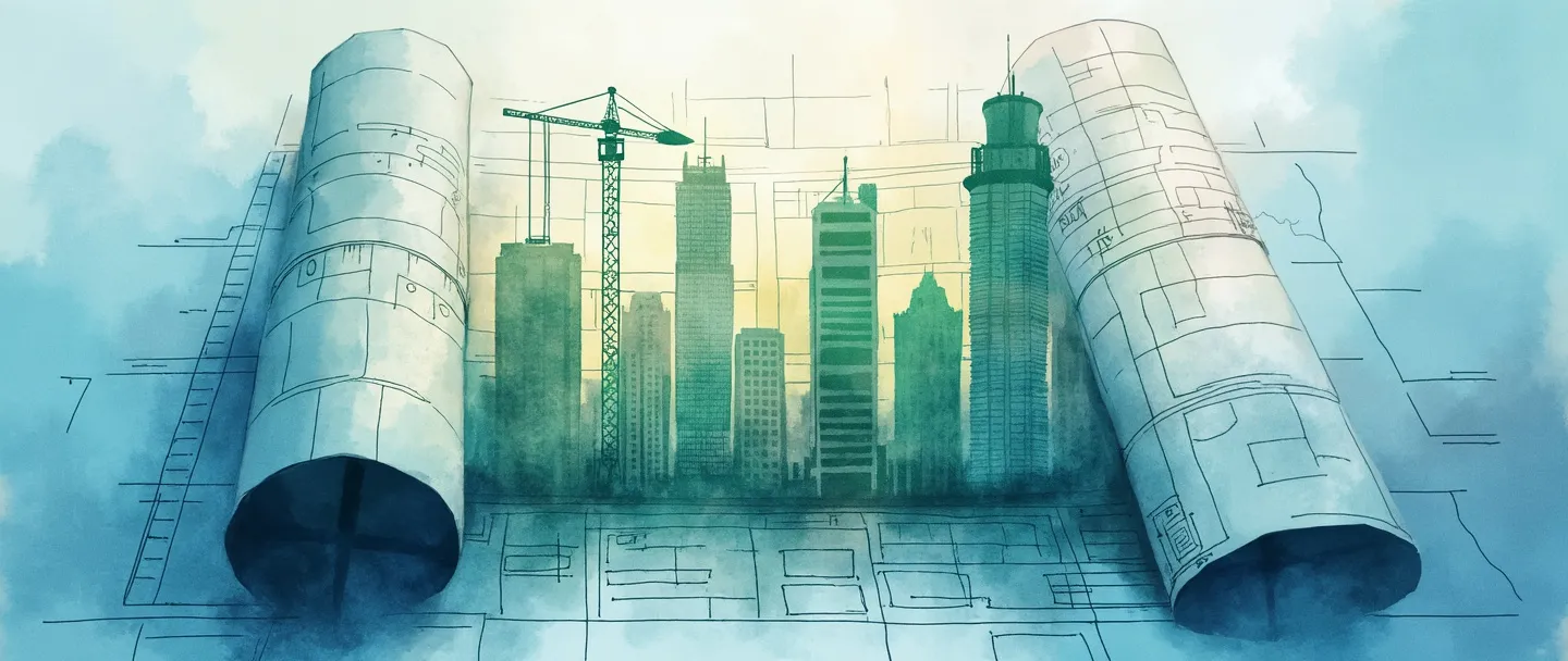 Uma pintura digital em aquarela de uma planta arquitetônica se desdobrando para revelar um horizonte urbano em crescimento, com arranha-céus em diferentes estágios de conclusão. Uma bússola aponta para novos territórios enquanto uma escada se estende para cima. Composição simples com tons de azul e verde, transmitindo planejamento de expansão e crescimento estratégico.
