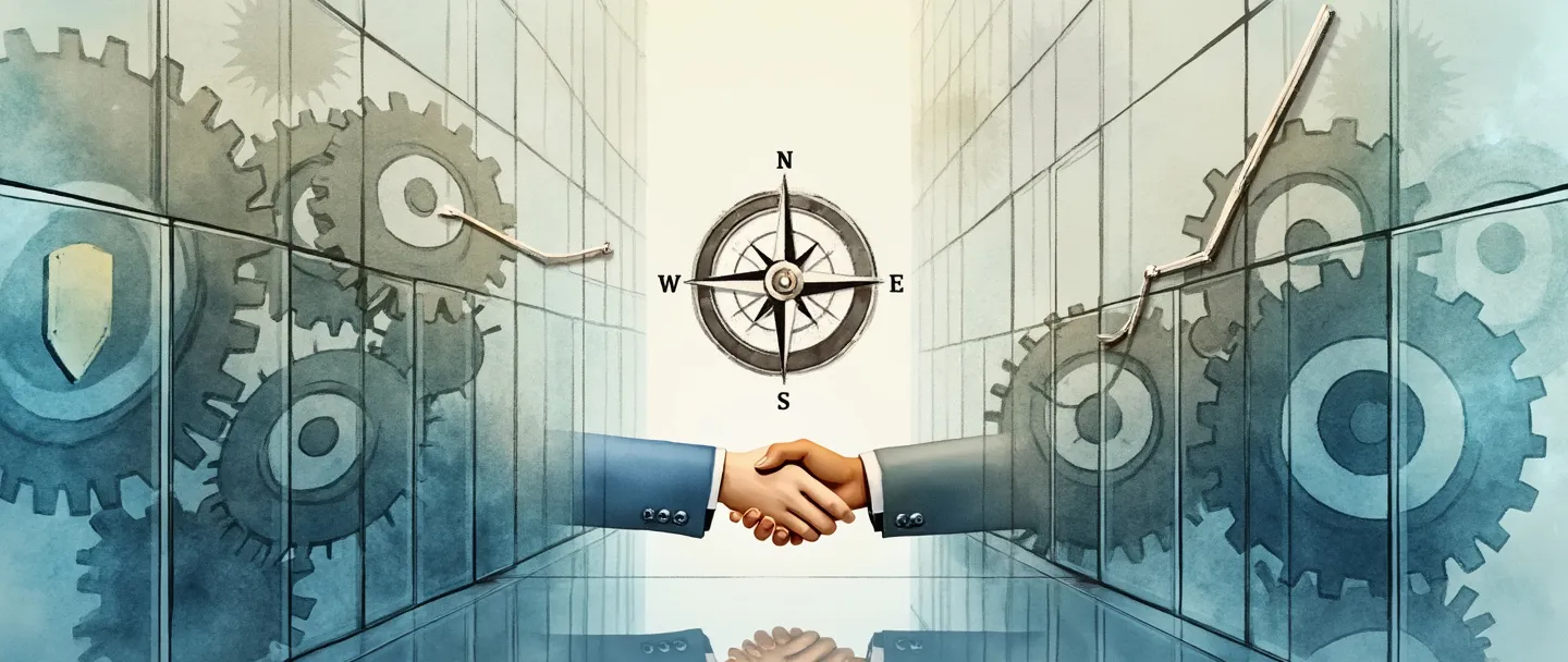 Uma pintura digital em aquarela de um edifício corporativo com paredes transparentes revelando engrenagens trabalhando juntas no interior. No centro, uma bússola aponta para um alvo com múltiplos anéis, enquanto um aperto de mãos forma uma ponte entre um escudo e um gráfico ascendente. Composição simples com linhas limpas e cores profissionais suaves.