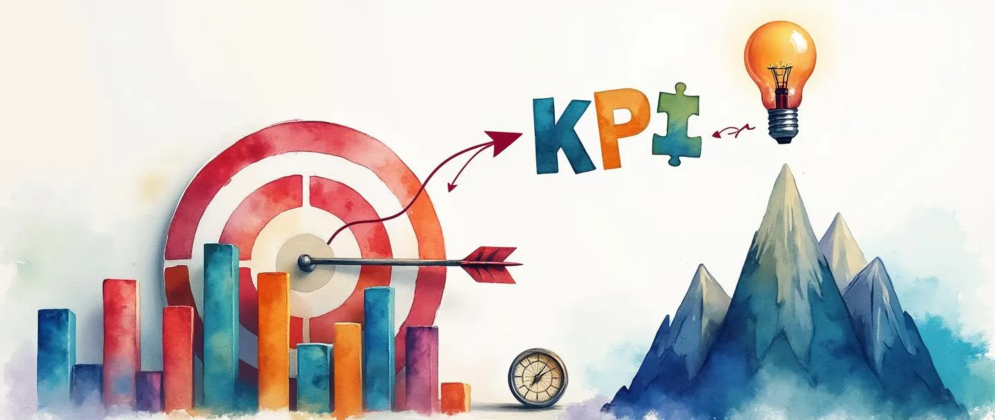 Uma pintura digital em aquarela de um painel simplificado mostrando gráficos de barras coloridos e um alvo com uma flecha acertando o centro. Uma lâmpada flutua acima, conectada a peças de quebra-cabeça formando as letras "KPI". Uma pequena bússola aponta para um pico de montanha simbolizando metas. Composição limpa com sensação de análise de negócios.