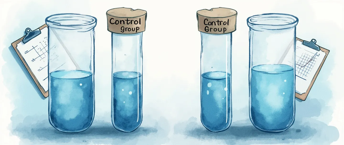 Uma pintura digital em aquarela de dois tubos de ensaio idênticos lado a lado, com um rotulado como "Grupo Controle" e o outro sem rótulo. Uma prancheta científica com pontos de dados e um gráfico simples está posicionada atrás deles. O tubo de controle permanece inalterado enquanto o outro mostra mudanças sutis. Estilo limpo e educativo com tons suaves de azul e branco.