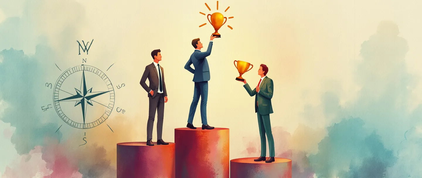 Uma pintura digital em aquarela de duas pessoas de negócios em pé em pódios de alturas diferentes, com a pessoa mais alta segurando um troféu. Uma lâmpada brilha acima do vencedor, enquanto uma bússola aponta na direção dele. Composição simples com cores vibrantes destacando o conceito de diferenciação competitiva.