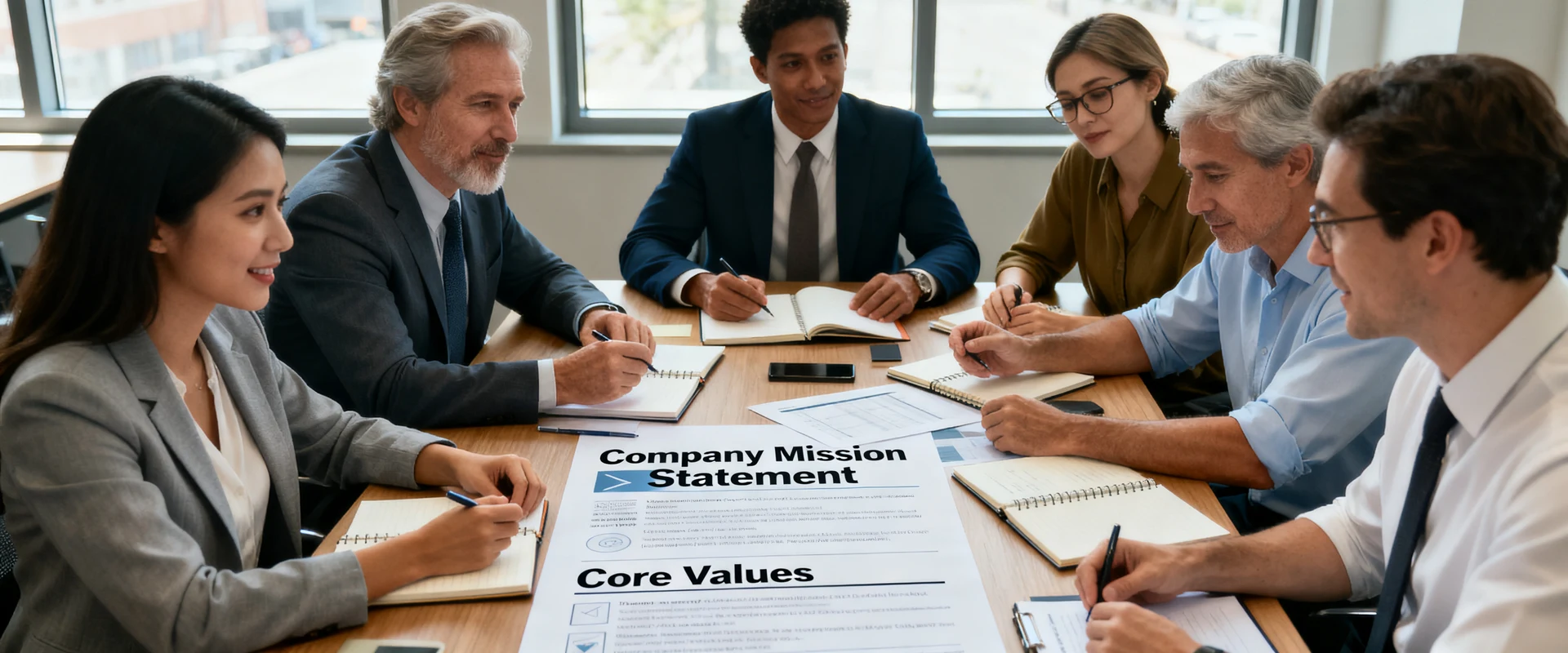 Equipe diversa de profissionais colaborando em reunião de negócios ao redor de mesa de conferência, discutindo missão e valores da empresa em momento autêntico capturado com luz natural e foco nítido.