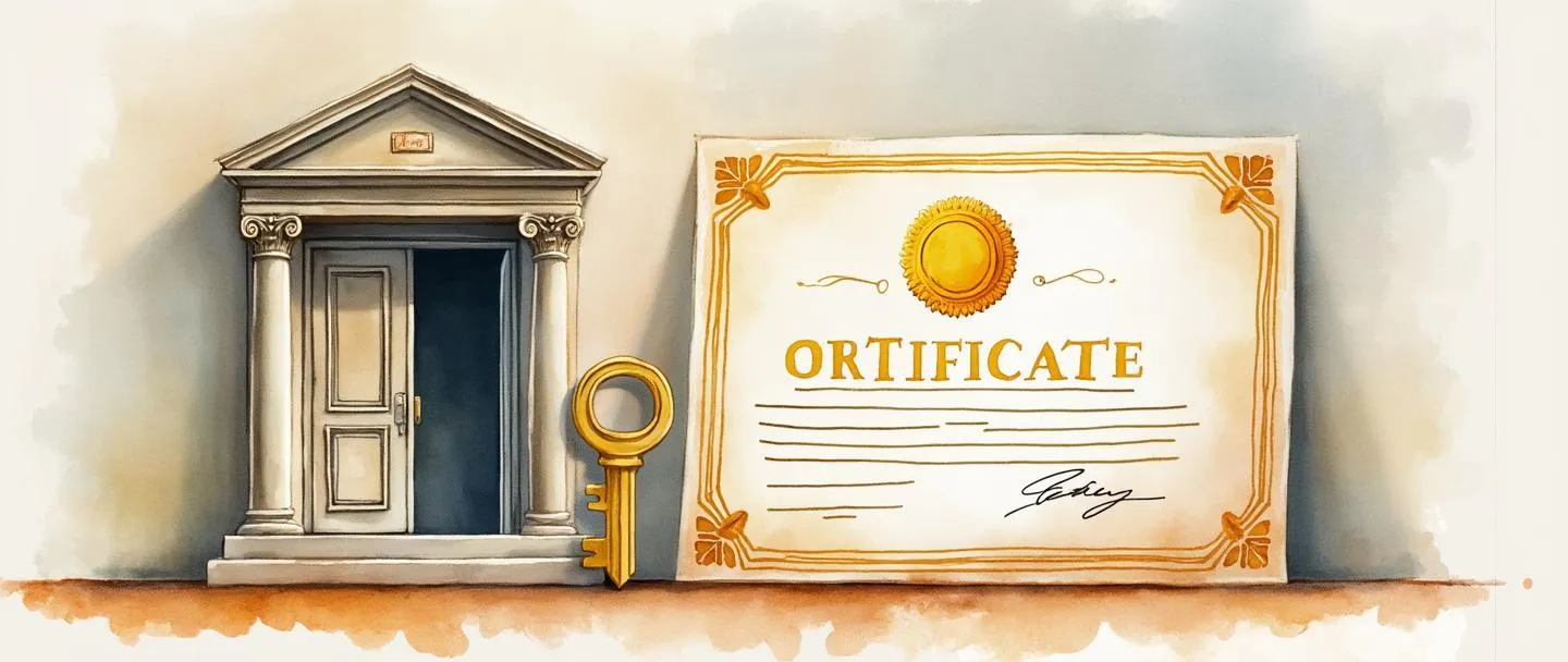 Uma pintura digital em aquarela de um certificado oficial com um selo dourado, ao lado de um prédio de escritórios com uma porta aberta. Uma chave está posicionada entre eles, simbolizando acesso e permissão. Composição simples com linhas limpas e cores quentes.