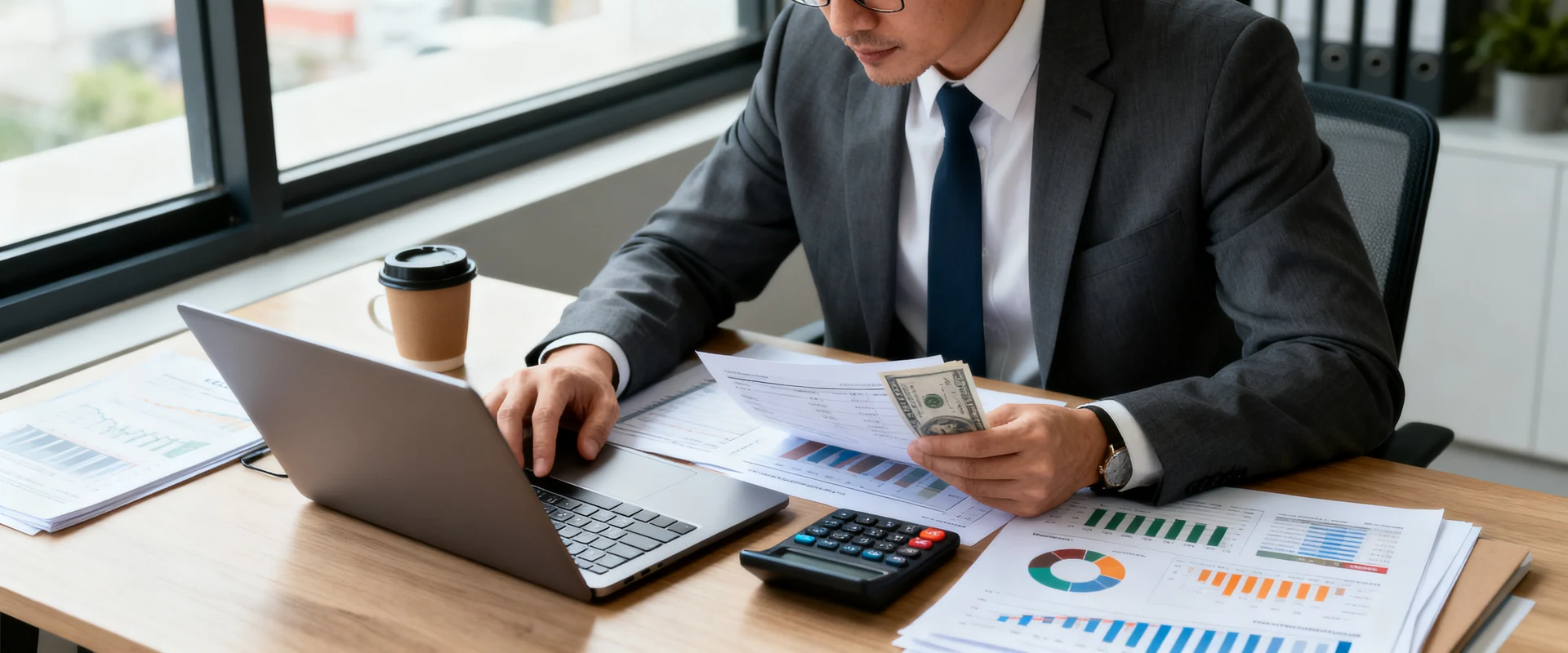 Empresário profissional analisando relatórios financeiros e fluxo de caixa em escritório moderno, com laptop, calculadora e café. Fotografia editorial ultra-realista capturada em Canon EOS R5 com luz natural, mostrando momento autêntico de gestão empresarial.