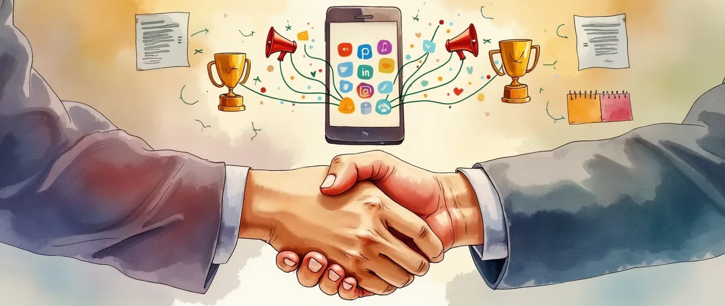 Uma pintura digital em aquarela de duas mãos se cumprimentando com um smartphone flutuando acima delas exibindo ícones de redes sociais. Uma pequena rede de conexões coloridas se estende do telefone para pequenos megafones e troféus. Um calendário simples e um bloco de notas estão próximos. Cores quentes e profissionais com uma atmosfera colaborativa.
