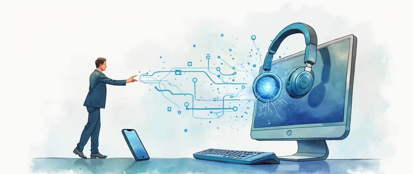 Uma pintura digital em aquarela de um computador com um headset, conectado por linhas azuis fluidas a um smartphone e a um edifício de escritórios. Uma pessoa em traje profissional estende uma mão amiga da tela do computador. Composição simples com cores suaves, representando suporte técnico externo.