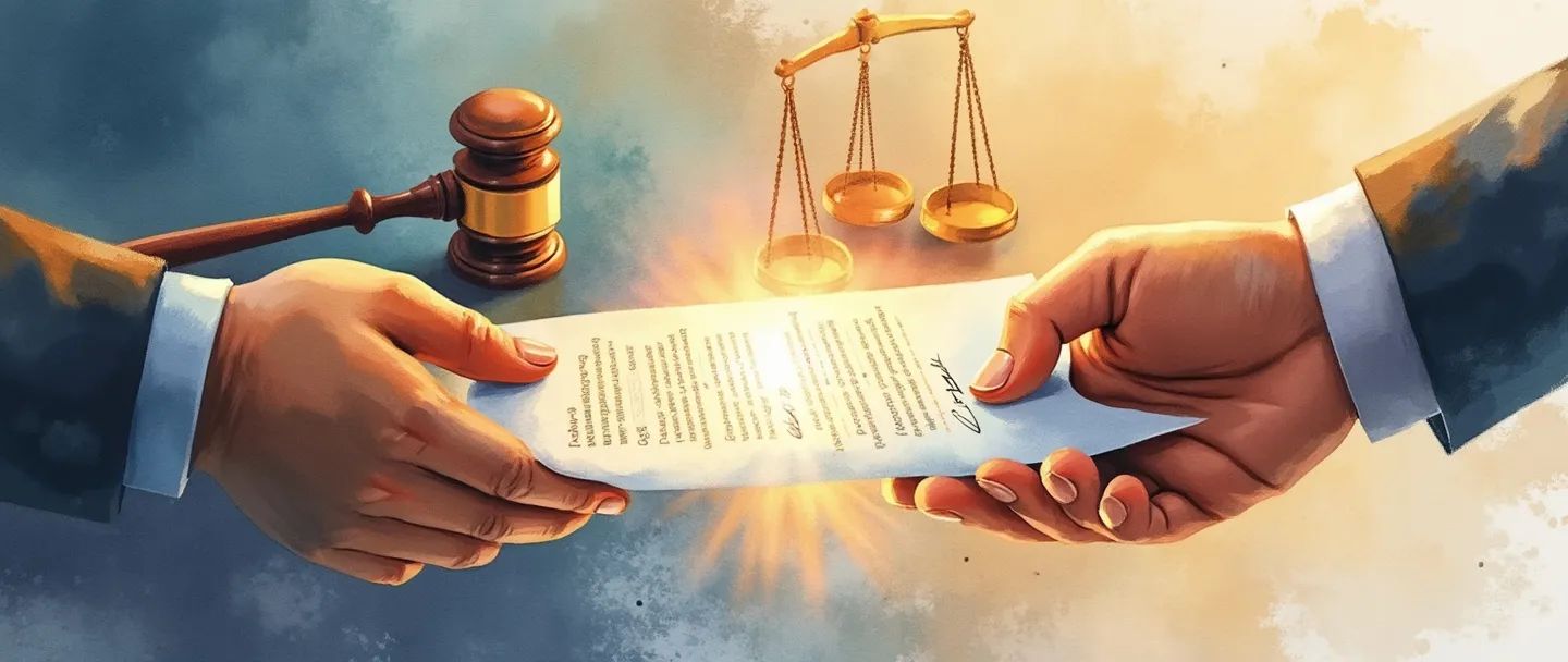 Uma pintura digital em aquarela de duas mãos trocando um documento de contrato com um selo brilhante e assinatura. Um martelo de juiz e uma balança da justiça aparecem suavemente no fundo. Composição simples com cores profissionais quentes, transmitindo acordo legal e aprovação oficial.