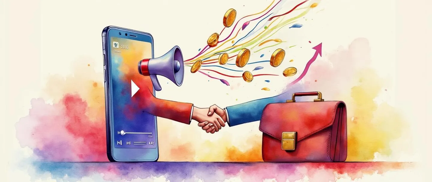 Uma pintura digital em aquarela de um smartphone exibindo uma interface de reprodução de vídeo, com um megafone emitindo ondas coloridas que se conectam a várias moedas e um gráfico em ascensão. Um aperto de mãos entre um criador e uma maleta simboliza parceria. Composição simples com cores vibrantes em um fundo limpo.