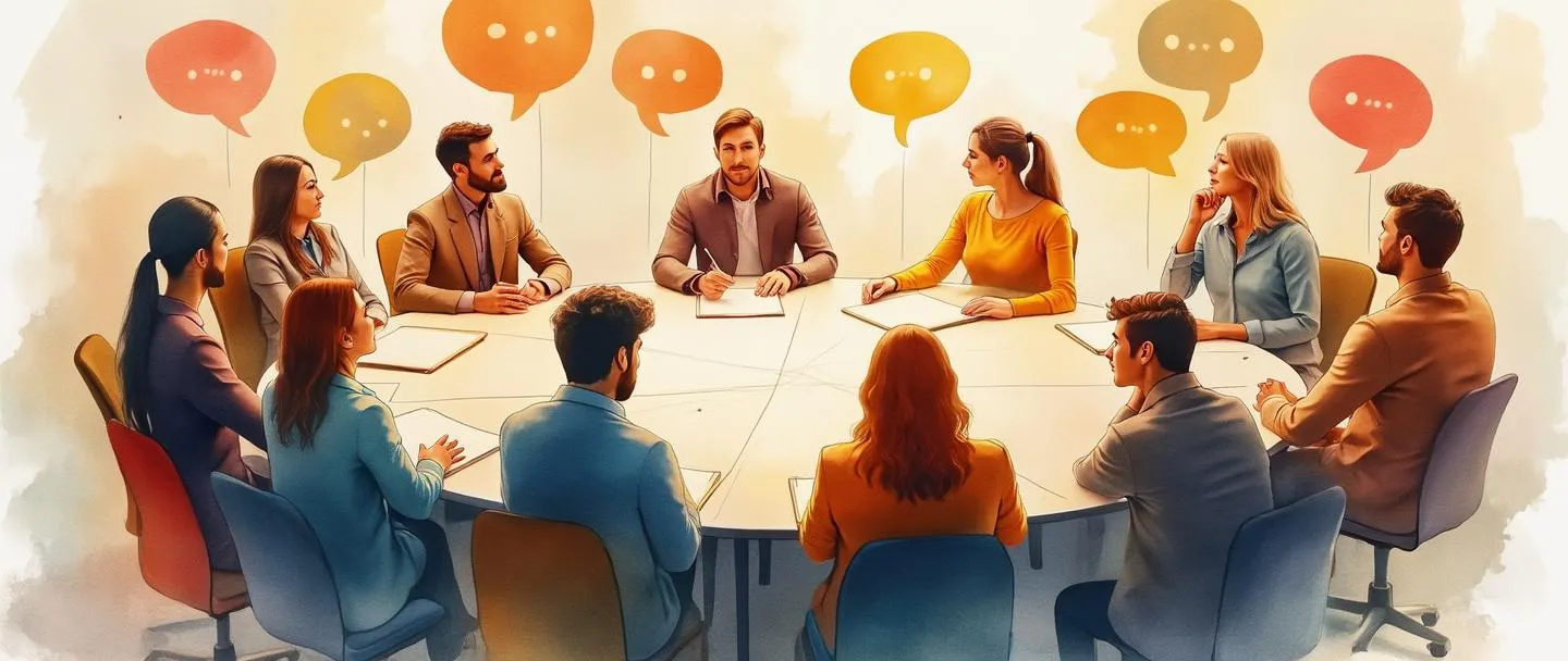 Uma pintura digital em aquarela de membros de uma equipe dispostos em círculo ao redor de uma mesa, todos no mesmo nível, compartilhando ideias com linhas de conexão entre eles. Sem chefe ou líder visível, apenas figuras de tamanho igual colaborando com balões de fala. Composição simples com cores quentes.