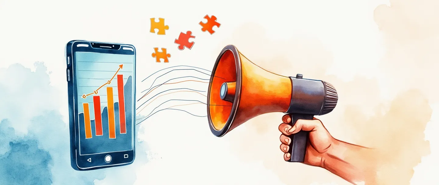Uma pintura digital em aquarela de um smartphone exibindo gráficos de barras coloridos, conectados por linhas fluidas a um megafone. Um aperto de mão se forma entre o telefone e o megafone, com pequenas peças de quebra-cabeça flutuando acima. Composição simples com vibrantes tons de azul e laranja, representando relatórios de marketing de influência.
