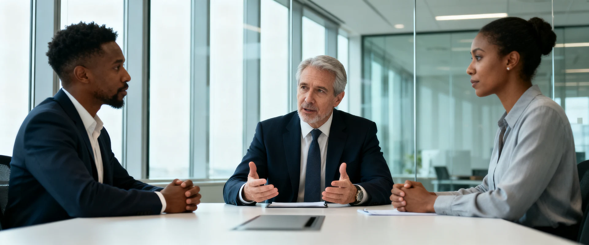 Fotografia editorial ultra-realista de profissionais diversos em mediação empresarial ao redor de mesa de conferência moderna, com mediador neutro facilitando diálogo entre colegas em ambiente corporativo com paredes de vidro, luz natural, foco nítido e detalhes autênticos.