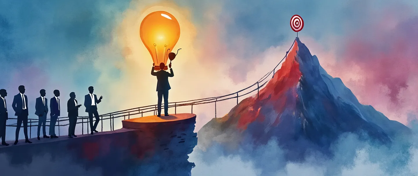 Uma pintura digital em aquarela de uma pessoa de negócios em pé em um pódio segurando um troféu, destacando-se de outras silhuetas por uma lâmpada brilhante acima de sua cabeça. Uma ponte a conecta a um pico de montanha com um alvo. Composição simples com cores vibrantes destacando a singularidade e a vantagem competitiva.