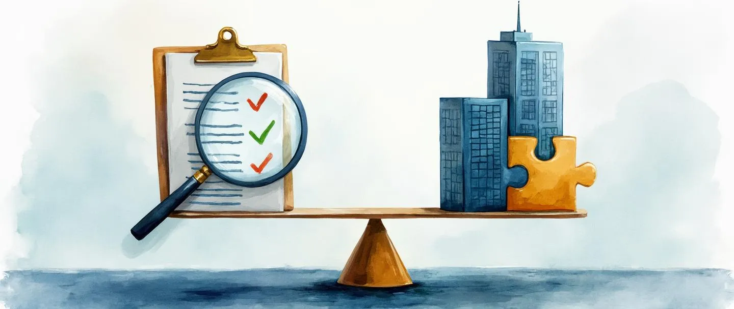 Uma pintura digital em aquarela de uma balança equilibrada segurando uma prancheta com uma lista de verificação de um lado e peças de quebra-cabeça formando um edifício corporativo do outro. Uma lupa paira acima, examinando o equilíbrio. Composição simples com tons de azul e dourado, transmitindo avaliação e estrutura organizacional.
