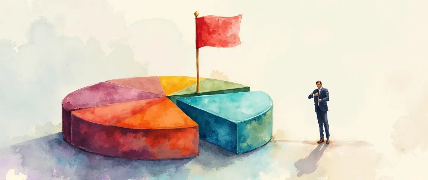Uma pintura digital em aquarela de um gráfico de pizza dividido em fatias coloridas de tamanhos desiguais, com uma fatia sendo puxada ligeiramente para fora. Uma pequena bandeira está fincada nesta fatia proeminente, enquanto uma pessoa de negócios em miniatura está parada confiantemente ao lado dela. Composição simples com linhas limpas e cores vibrantes contra um fundo claro.