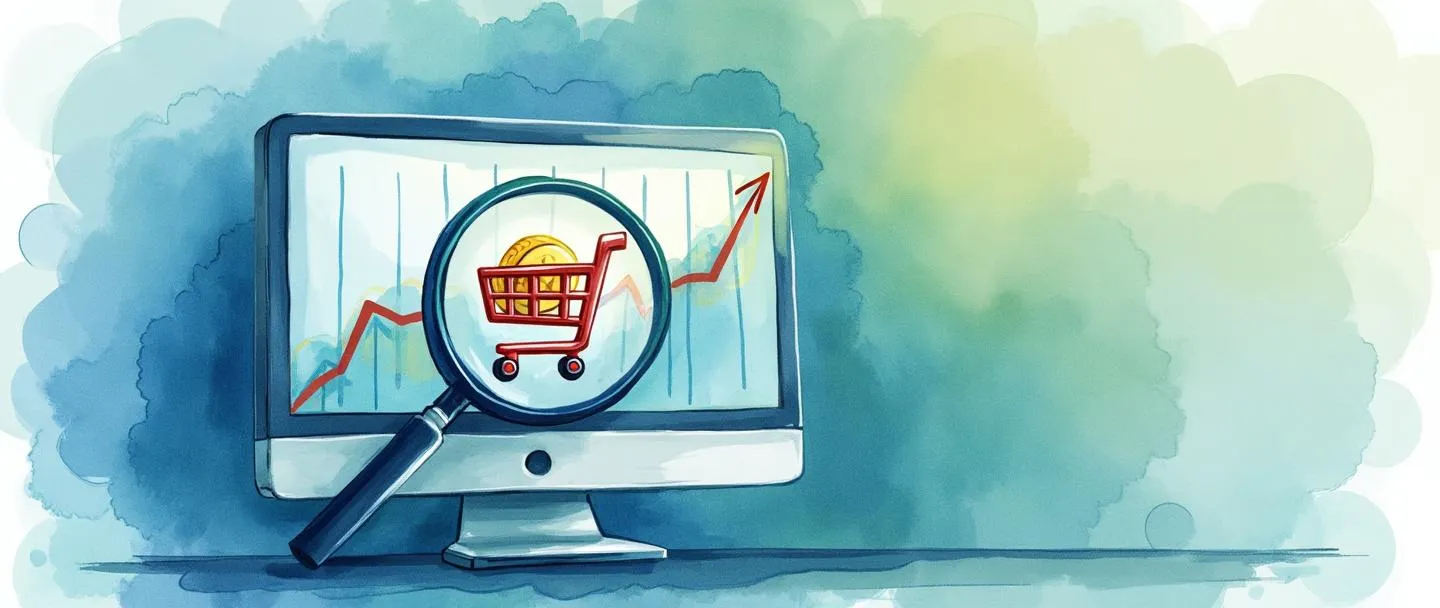 Uma pintura digital em aquarela de uma tela de computador exibindo um gráfico com tendência ascendente, com um ícone de carrinho de compras flutuando acima dele. Uma lupa paira sobre o carrinho, revelando uma moeda dourada dentro. Composição simples com azuis e verdes vibrantes, transmitindo otimização de negócios online.