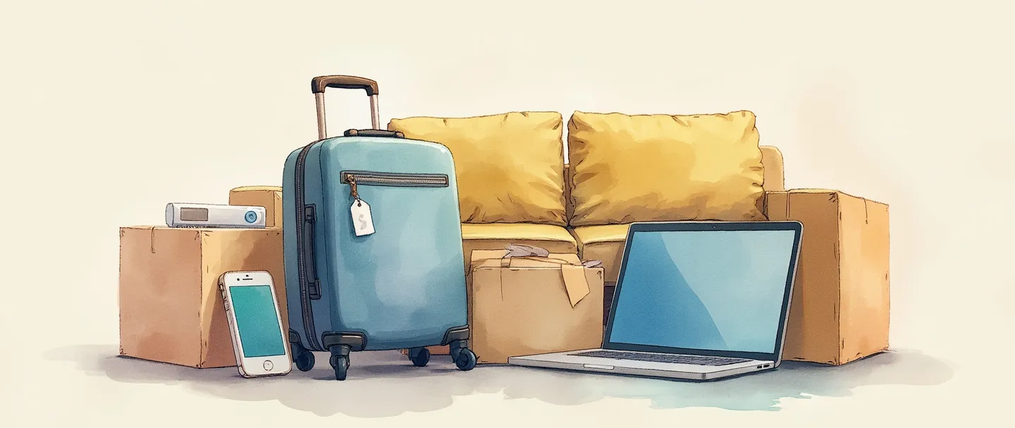 Um desenho em aquarela digital de uma mala, móveis e dispositivos eletrônicos (smartphone e computador) com pequenas etiquetas anexadas a eles. Os itens parecem ser pertences pessoais que podem ser movidos ou transportados. Composição simples com cores suaves contra um fundo claro, transmitindo o conceito de bens móveis.