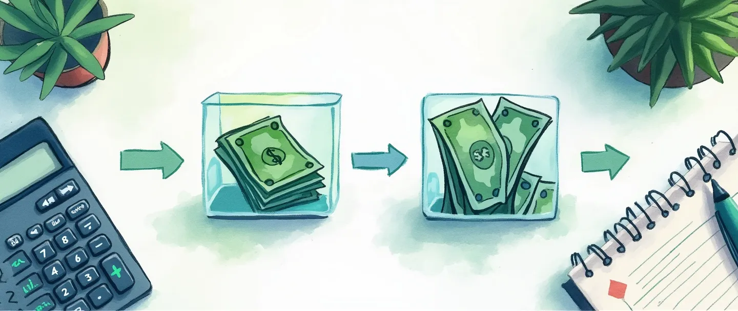 Uma pintura digital em aquarela de um fluxograma estilizado com dinheiro fluindo entre caixas transparentes, mostrando o caminho indireto do dinheiro. Uma calculadora e um caderno estão próximos, com setas conectando documentos financeiros. Composição simples com tons suaves de azul e verde, tema de finanças empresariais.