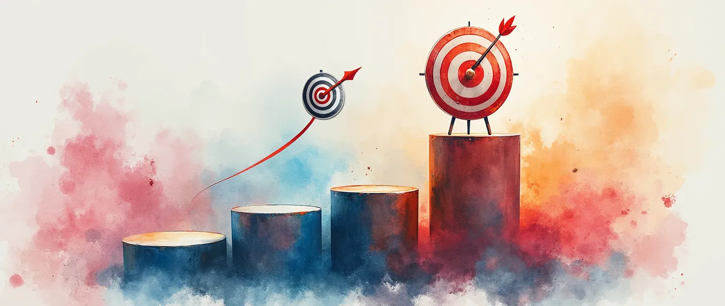 Uma pintura digital em aquarela de um pódio com um logotipo de marca distinto em posição de destaque no topo, cercado por logotipos de concorrentes desbotados abaixo. Uma bússola aponta para a marca vencedora enquanto um alvo com uma flecha no centro flutua próximo. Composição simples com cores vibrantes destacando o conceito de posicionamento estratégico.