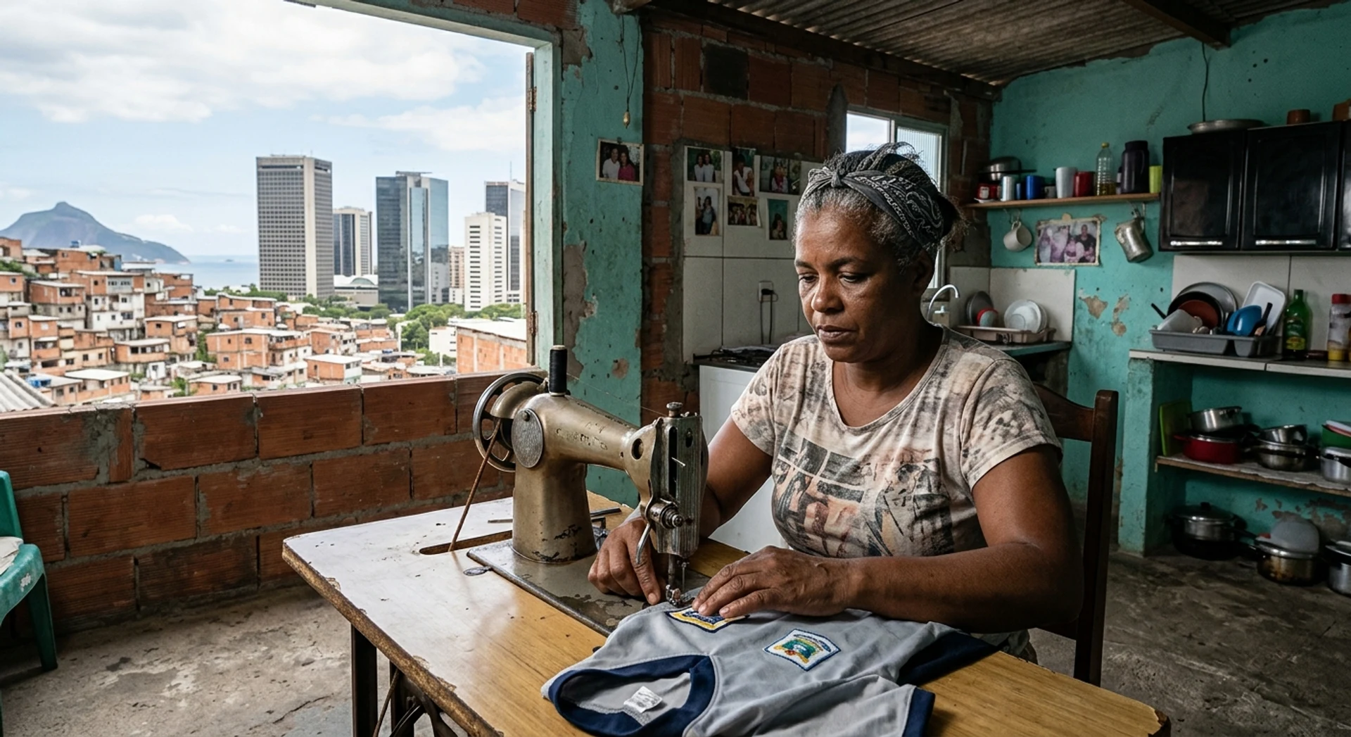 Fotografia documental ultra-realista capturando a desigualdade social no Brasil, mostrando comunidade de favela urbana com contraste entre condições de moradia e skyline moderno ao fundo, pessoas brasileiras diversas em momento autêntico do cotidiano, luz natural, foco nítido e detalhes precisos.