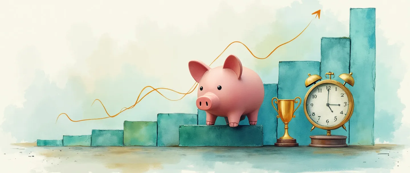 Uma pintura digital em aquarela de um cofre de porquinho em pé sobre uma linha de gráfico ascendente, com um símbolo de alvo atrás dele. Um pequeno troféu dourado está ao lado do cofre, enquanto um relógio simples aparece no fundo. Tons suaves de azul e verde com acentos dourados, transmitindo metas de eficiência financeira através de elementos mínimos.