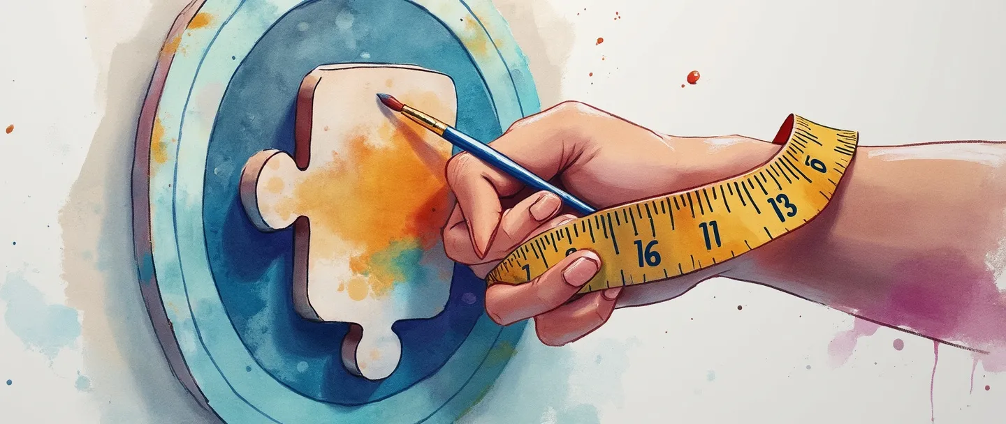 Uma pintura digital em aquarela de uma fita métrica de alfaiate envolvendo uma peça de quebra-cabeça personalizada que se encaixa perfeitamente em um alvo único. Um pequeno pincel adiciona toques pessoais à peça do quebra-cabeça, enquanto um aperto de mãos se forma no fundo. Composição simples com cores vibrantes representando personalização e conexão com o cliente.