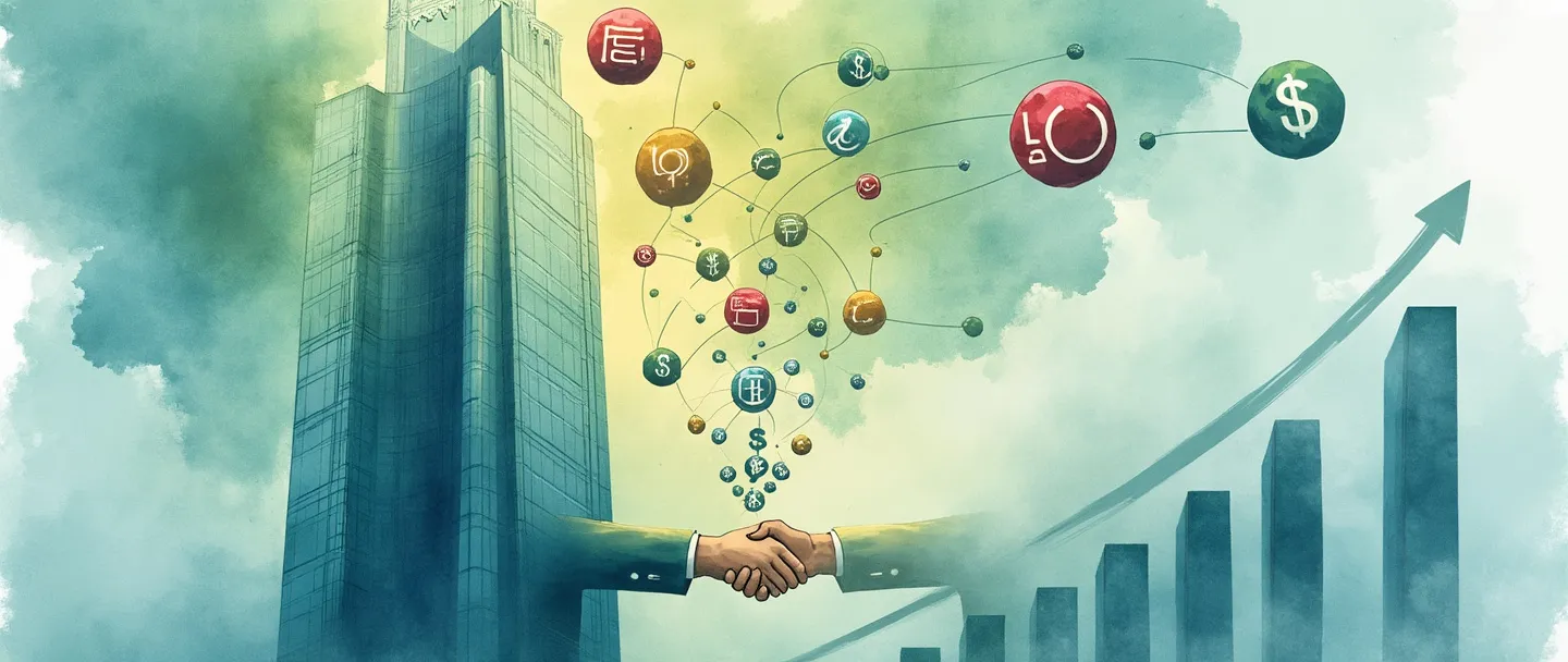 Uma pintura digital em aquarela de um majestoso arranha-céu com múltiplos logotipos de empresas fluindo para um portfólio central. Símbolos de dinheiro e códigos de ações orbitam ao redor como satélites. Um aperto de mãos forma a fundação, enquanto um simples gráfico de barras se eleva ao fundo. Azuis e verdes corporativos limpos, composição minimalista.