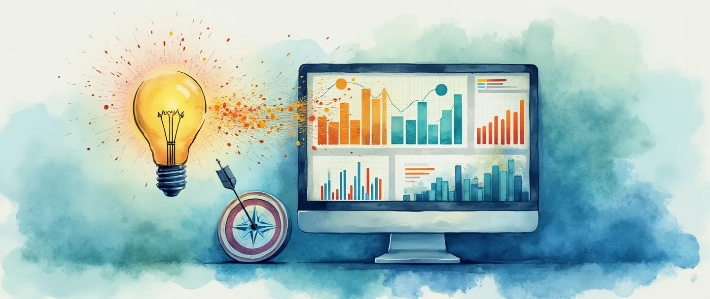Uma pintura digital em aquarela de uma tela de computador exibindo gráficos e tabelas coloridos, com pontos de dados fluindo como água em direção a uma lâmpada que brilha com insights. Uma bússola guia o fluxo de informações enquanto um pequeno alvo com uma flecha no centro está próximo. Composição simples com tons vibrantes de azul e verde contra um fundo limpo.