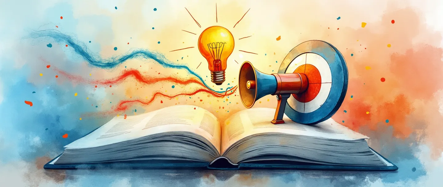 Uma pintura digital em aquarela de um livro aberto com conteúdo fluindo para fora como correntes coloridas que se transformam em um megafone. As correntes se conectam a um alvo com uma marca central. Uma lâmpada flutua acima, iluminando a cena. Composição simples com azuis e laranjas vibrantes, detalhes mínimos, conceito de marketing de conteúdo.