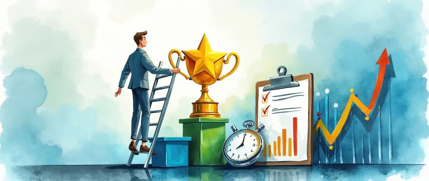 Uma pintura digital em aquarela de uma pessoa subindo uma escada em direção a um troféu em forma de estrela, com gráficos coloridos de desempenho subindo ao lado dela. Uma prancheta com uma lista de verificação e um cronômetro aparecem próximos, sugerindo avaliação e cronometragem. Composição simples com azuis e verdes vibrantes, profissional mas acessível.
