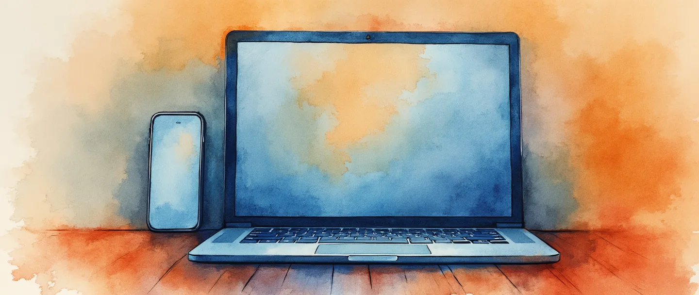 Uma pintura digital em aquarela de uma tela de laptop exibindo um site com uma sutil inserção de produto perfeitamente integrada ao conteúdo. Um smartphone próximo mostra o mesmo produto destacado com um brilho suave. Composição simples com vibrantes tons de azul e laranja, transmitindo uma estratégia de marketing digital.