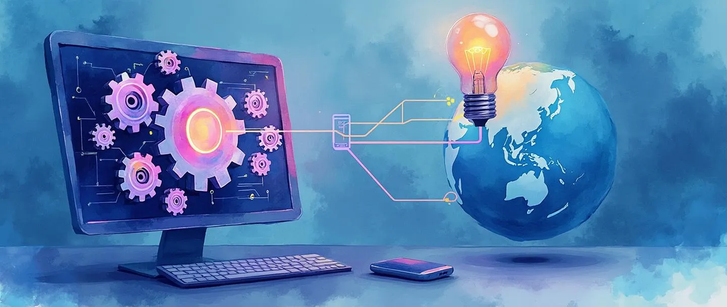 Tradução para pt-br:

Uma pintura digital em aquarela de um computador com engrenagens brilhantes emergindo de sua tela, conectado a um smartphone e um globo por fluxos de dados. Uma lâmpada flutua acima, iluminando um diagrama simples de rede. Composição limpa com tons de azul e roxo transmitindo tecnologia e fluxo de informações.
