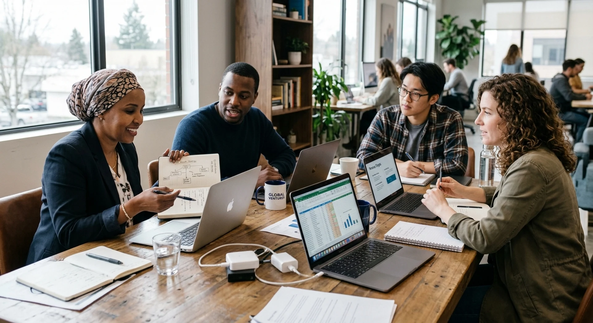 Grupo diverso de empreendedores colaborando em sessão de planejamento estratégico ao redor de mesa moderna com laptops e notebooks, fotografia editorial ultra-realista com luz natural e detalhes nítidos.