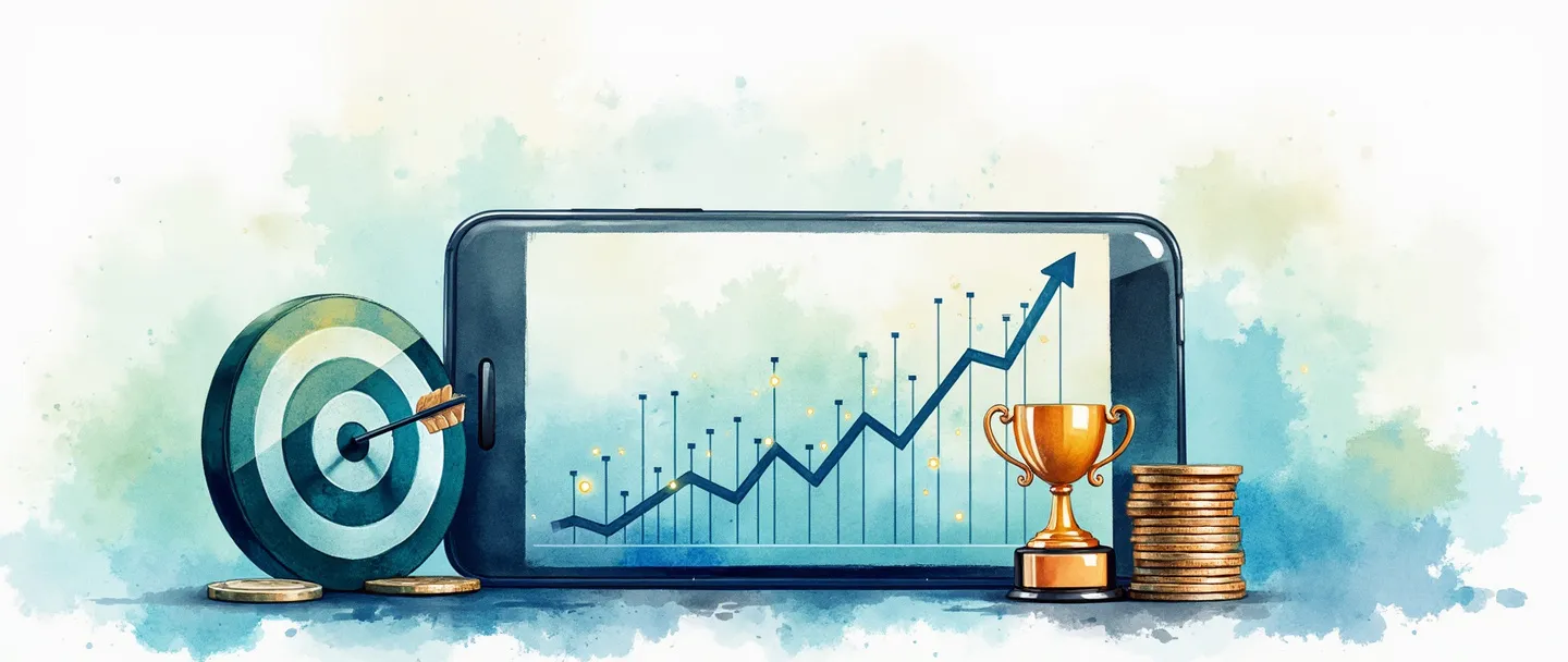 Uma pintura digital em aquarela de um smartphone exibindo um gráfico com tendência ascendente e pontos de dados brilhantes. Ao lado dele, um pequeno troféu e um alvo com uma flecha no centro. Um relógio digital mostra o tempo passando enquanto moedas se empilham nas proximidades. Composição simples com tons vibrantes de azul e verde contra um fundo branco, transmitindo valor de desempenho digital.