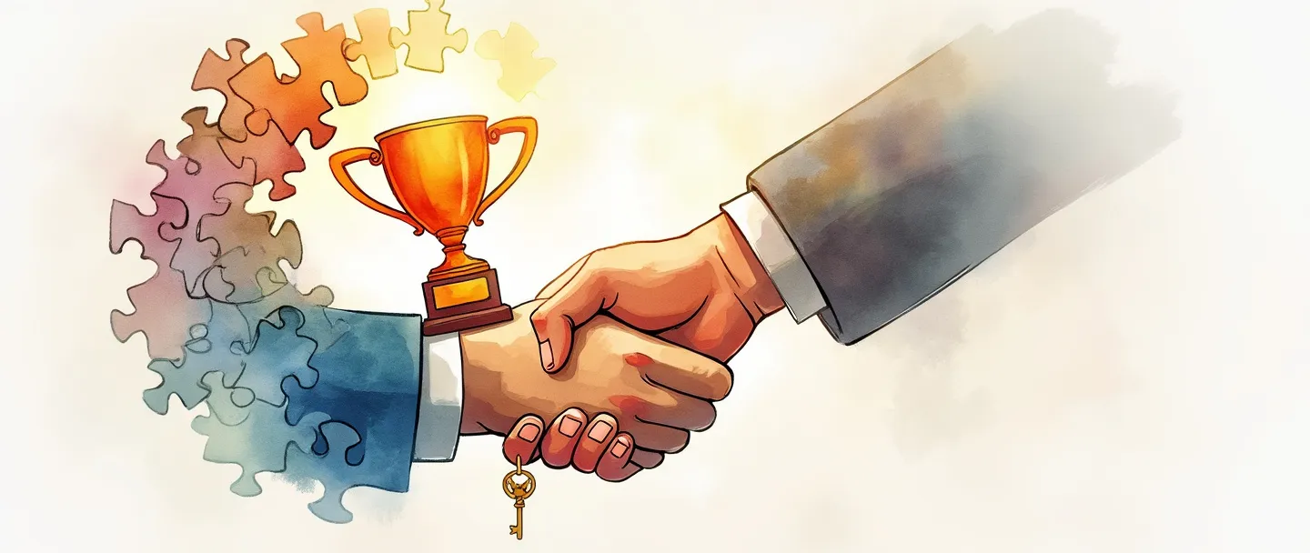 Uma pintura digital em aquarela de um aperto de mãos conectando-se a um troféu, cercada por um arranjo circular de peças de quebra-cabeça formando um formato de coração. Uma pequena chave desbloqueia uma silhueta luminosa de cliente. Composição simples com cores quentes e convidativas representando lealdade e conexão.