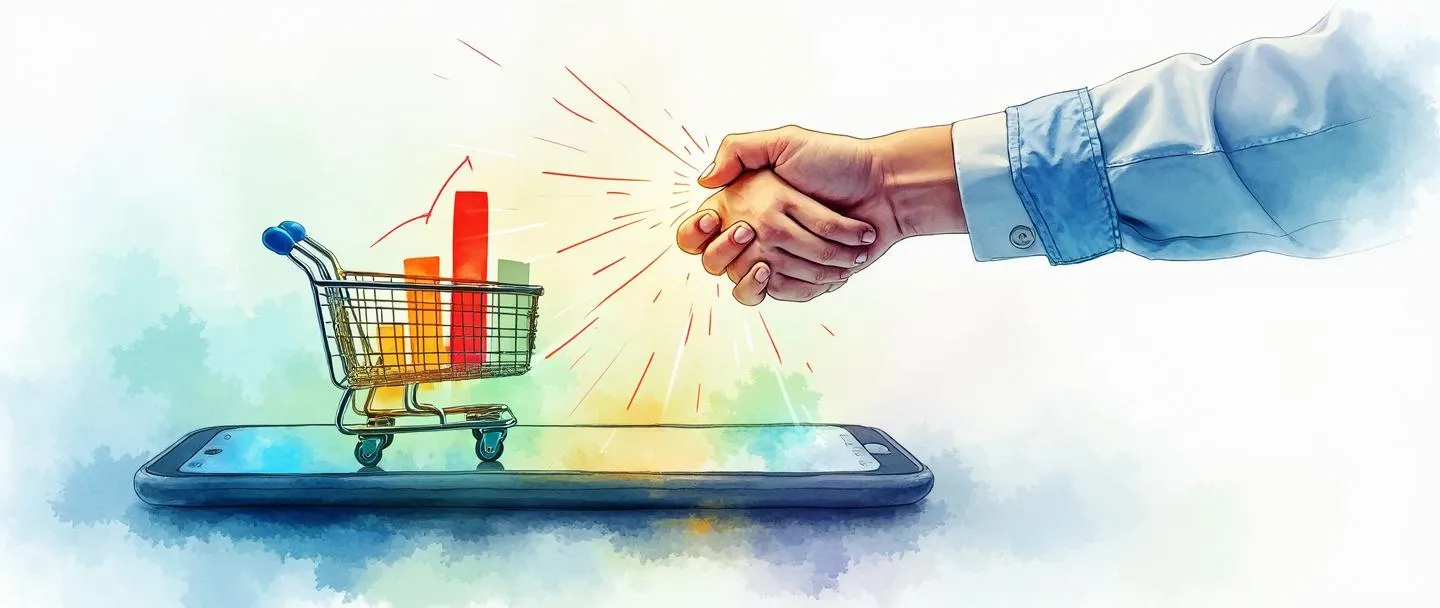 Uma pintura digital em aquarela de um smartphone exibindo um gráfico de barras colorido com tendência ascendente, conectado por linhas brilhantes a um carrinho de compras e uma carteira. Um aperto de mão emerge da tela, simbolizando conexões de vendas digitais. Composição simples com azuis e verdes vibrantes, fundo branco limpo.