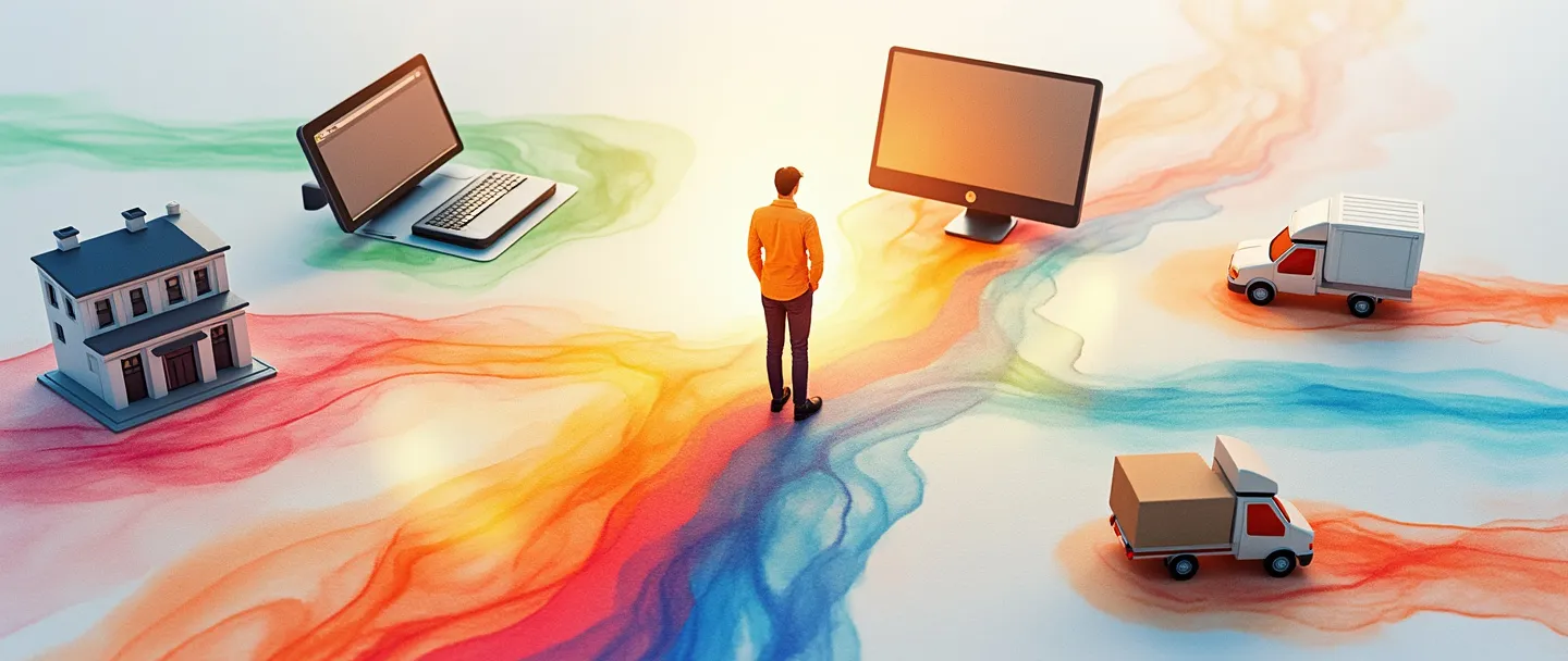Uma pintura digital em aquarela de um smartphone conectado por caminhos de arco-íris fluidos a um computador, um prédio comercial e um caminhão de entrega. Uma figura de cliente está no centro onde todos os caminhos convergem, cercada por um sutil brilho dourado. Composição simples com cores vibrantes, porém suaves, representando uma estratégia de negócios multicanal perfeita.