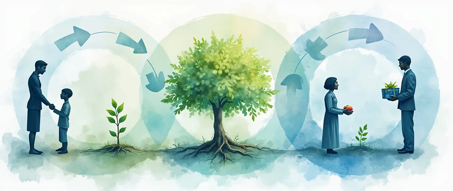 Uma pintura digital em aquarela mostrando uma jornada circular com cinco estágios conectados: um aperto de mãos (aquisição), uma muda crescendo (integração), uma árvore florescente (retenção), uma árvore com frutos (lealdade) e mãos trocando presentes (advocacia). Cada estágio flui para o próximo em um ciclo contínuo, com tons suaves de azul e verde representando crescimento e desenvolvimento de relacionamento.