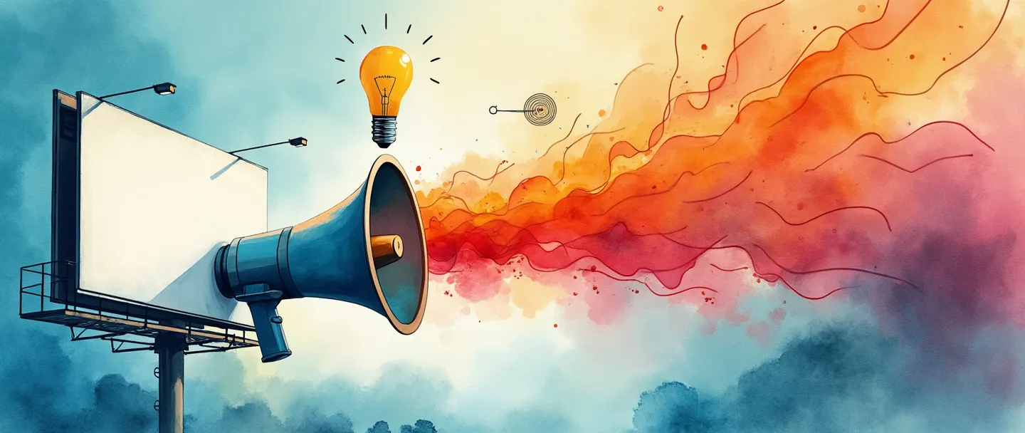 Uma pintura digital em aquarela de um megafone projetando ondas coloridas que se transformam em um logotipo de marca em um outdoor. Uma lâmpada flutua acima, conectada a um alvo com uma ponte entre eles. Composição simples com azuis e vermelhos vibrantes, transmitindo identidade de marca e comunicação estratégica de marketing.