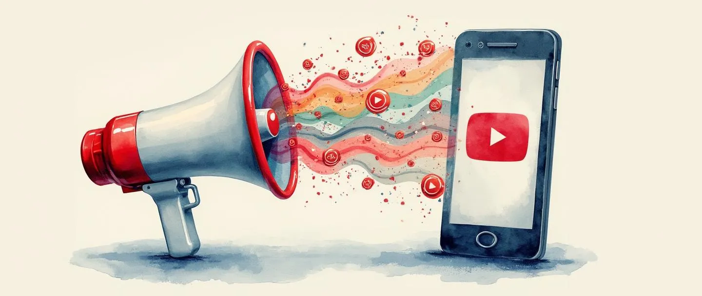 Uma pintura digital em aquarela de uma tela de smartphone exibindo o logotipo do YouTube com pequenos botões vermelhos de reprodução flutuando ao redor. Um megafone emite ondas coloridas que se transformam em cifrões e ícones de alvo. Composição simples com vermelhos e brancos vibrantes contra um fundo limpo.