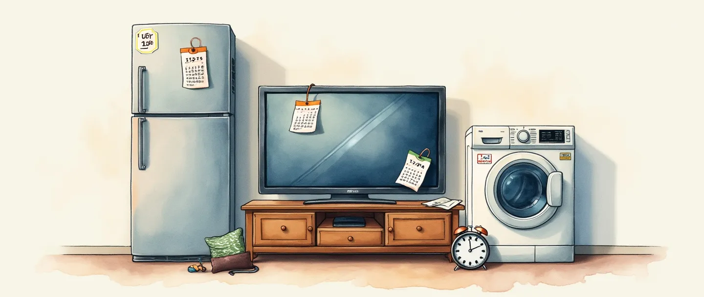 Uma pintura digital em aquarela de uma geladeira, televisão e máquina de lavar com etiquetas de preço e páginas de calendário anexadas a elas. Um relógio e uma carteira próximos sugerem valor a longo prazo. Composição simples com cores suaves destacando bens domésticos duráveis que duram por anos.