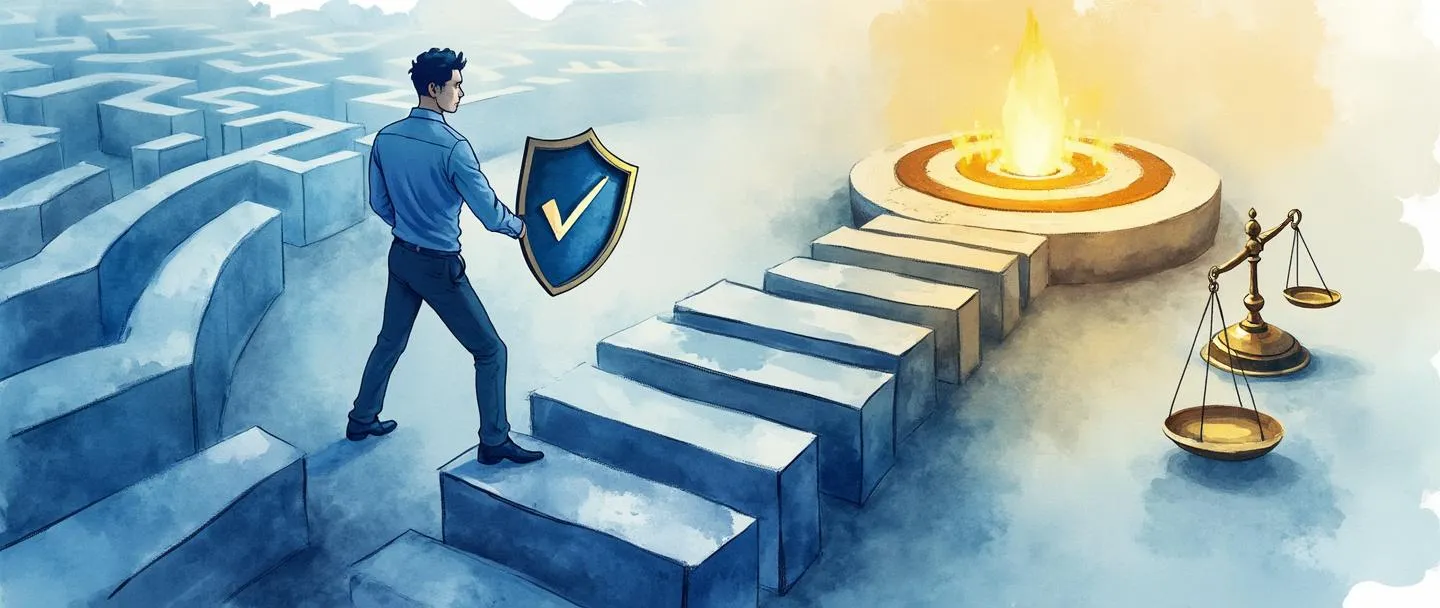 Uma pintura digital em aquarela de uma bússola guiando uma pessoa de negócios através de um labirinto de símbolos regulatórios. A pessoa segura um escudo com uma marca de verificação enquanto sobe degraus em direção a um alvo brilhante. Uma balança está próxima, representando a justiça. Composição simples com tons de azul e dourado, transmitindo conformidade estratégica.