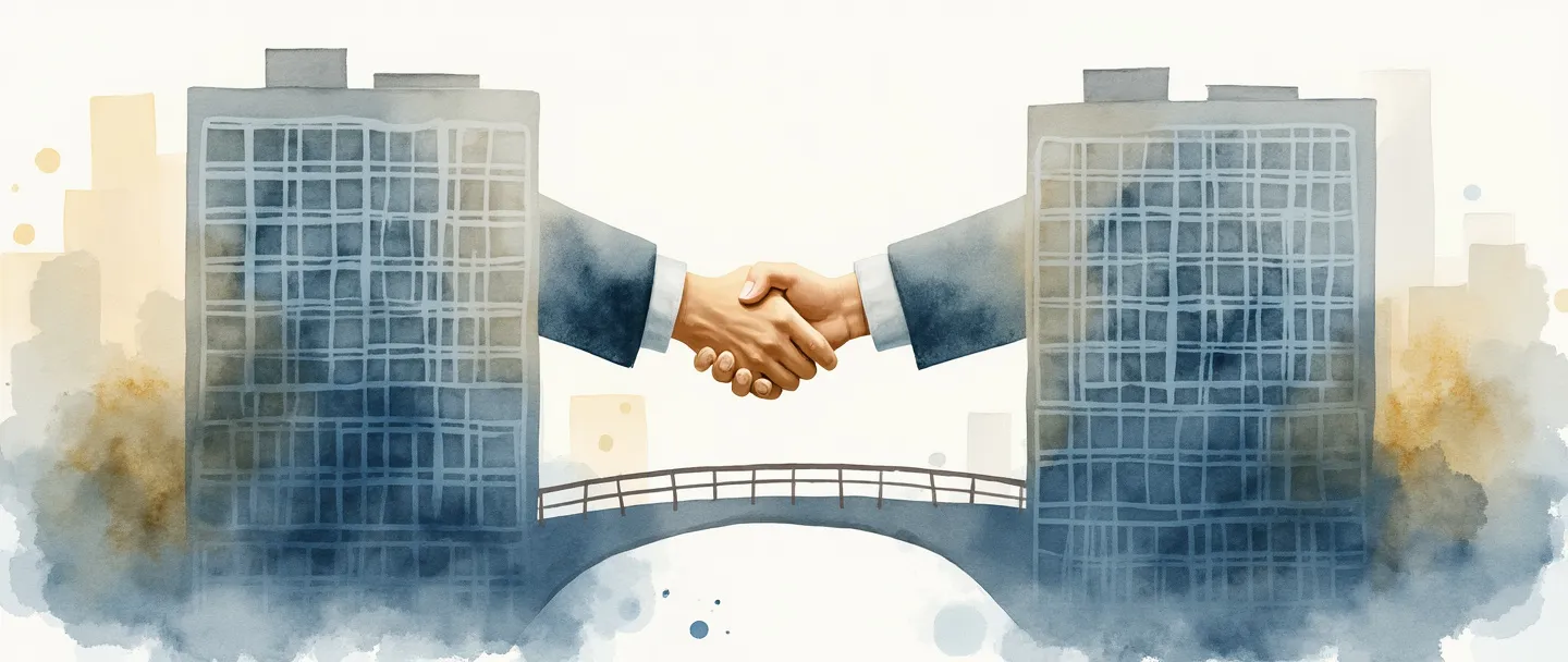 Uma pintura digital em aquarela de dois edifícios de escritórios conectados por uma ponte com apertos de mão acontecendo através dela. Linhas simples e fluidas mostram contratos sendo trocados entre as estruturas. Tons sutis de azul e cinza com acentos dourados. Estilo profissional, porém acessível, ilustrando relacionamentos entre empresas.