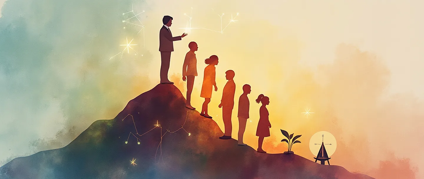 Uma pintura digital em aquarela de silhuetas humanas diversas formando uma pirâmide, com um líder no topo estendendo a mão para puxar outros para cima. Conexões brilhantes ligam as figuras, enquanto uma bússola e uma pequena planta brotando aparecem nas proximidades. Composição simples com cores quentes e inspiradoras que transmitem crescimento e direção.